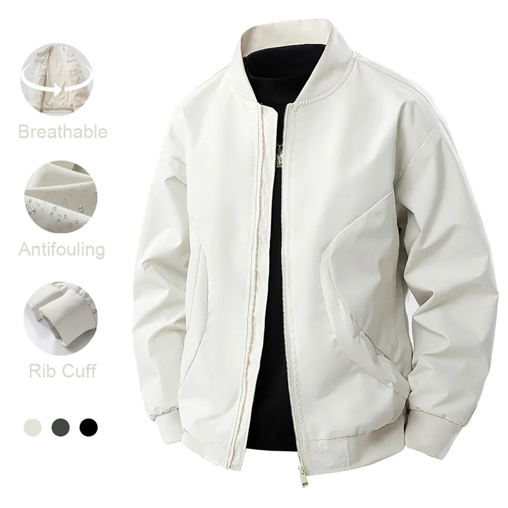 

Spring New Men's Bomber Jacket Solid Color Pocket Zipper Fashion Baseball Jacket Simple Style Stand Collar Casual Streetwear