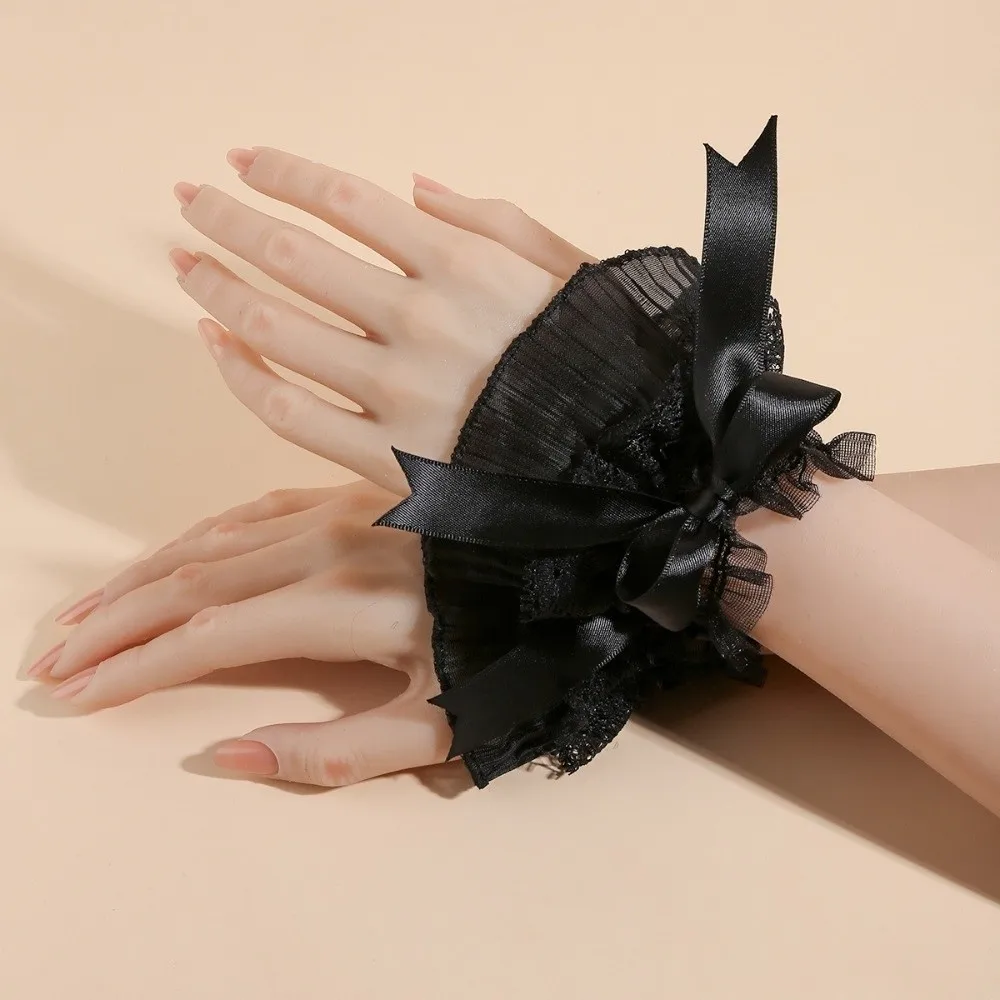 

Pleated Ruched Detachable Cuffs Elastic Double Layer Jk Lace Fingerless Gloves Mesh Flower Bow Lace Wrist Cuffs Cosplay Party