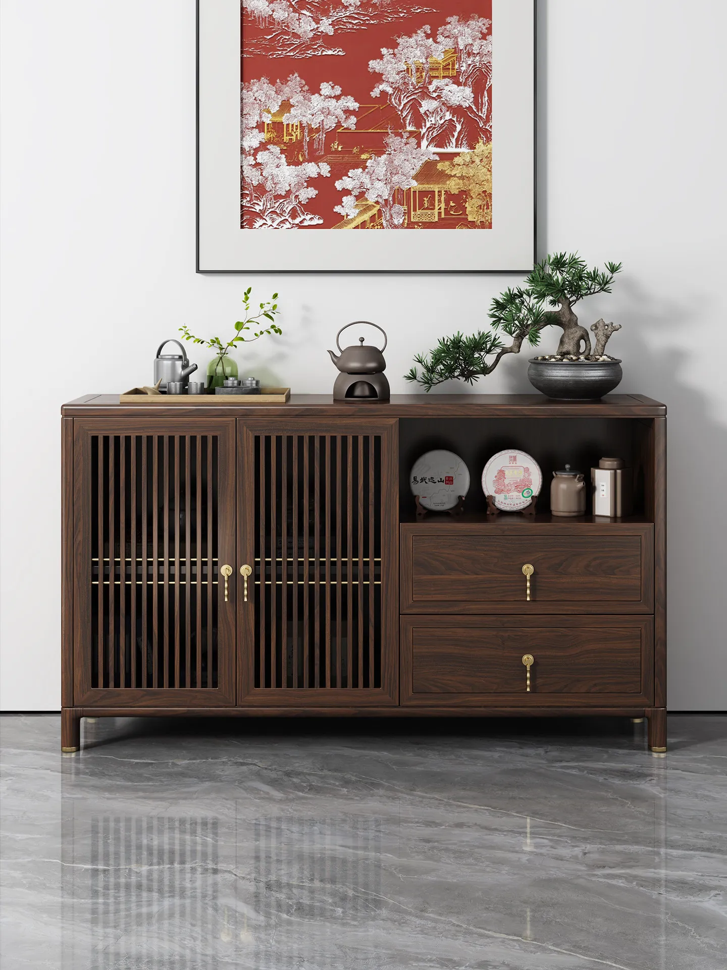 HYS new Chinese side cabinet ebony wood locker living room solid wood tea cabinet home dining room partition side cabinet