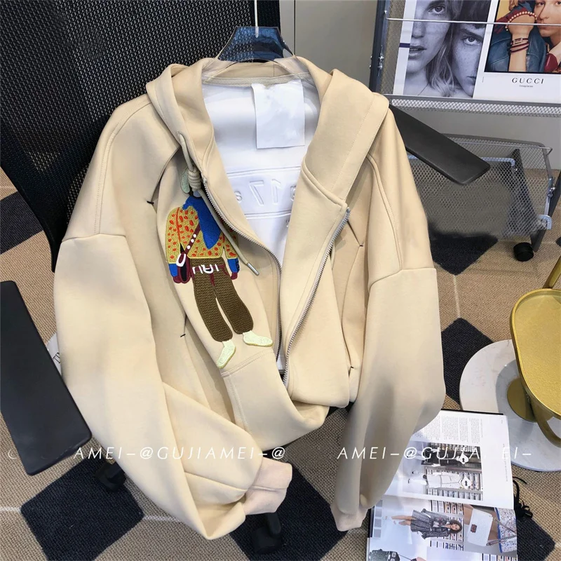 Women Trendy Funny Cartoon Embroidery Hooded Sweatshirts Casual Streetwear Y2K Zip Up Hoodies Harajuku Long Sleeve Loose Jackets