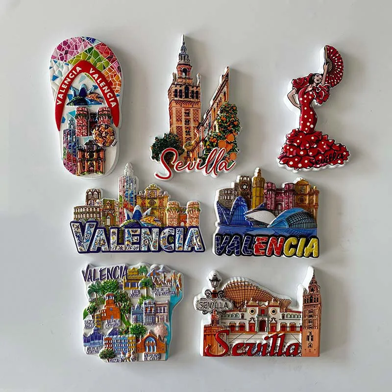 Spanish City Fridge Magnets: Sevilla Architecture, Valencia Landmarks, Flamenco Dancer – Strong Magnets for Home Decor
