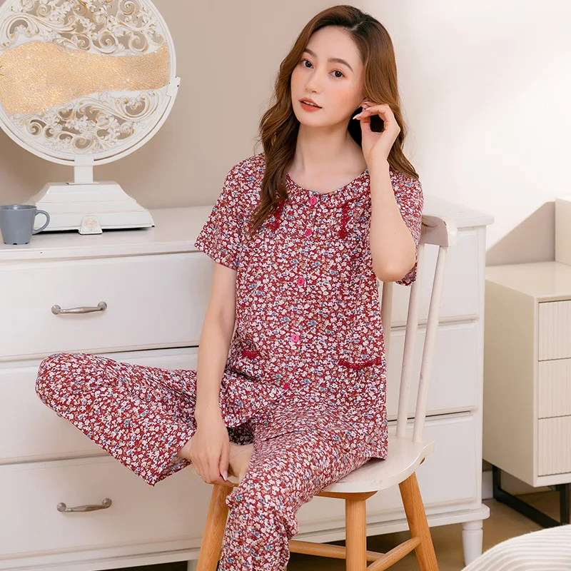 Summer Small Flower Women Pajamas Short Sleeve Long Pants Casual Tracksuit Female Cotton Pajamas Set Women Sleepwear Homewear