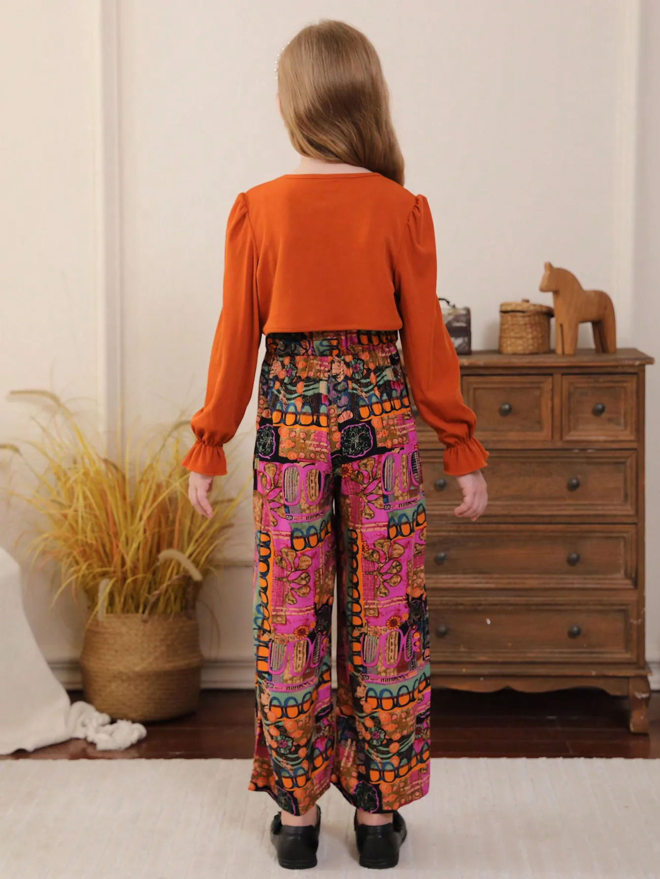 Spring and Autumn Girls' Bohemian Printed jumpsuit with Rusty Orange Scarf, Vitality Retro Pattern Two Piece Set
