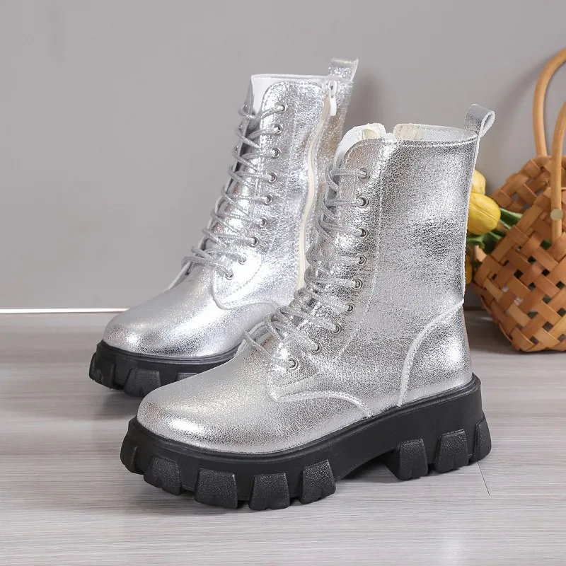 Winter Silver Crystal Thick Sole Ankle Boots Women's Gothic Thick Sole Motorcycle Boots Women's Luxury Rhinestone Punk Shoes