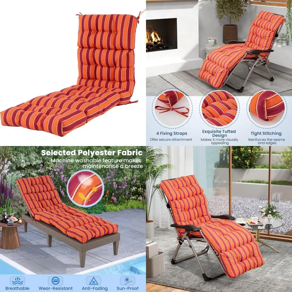 

Outdoor High Back Recliner Cushion, 73 x 22 Patio Lounge Cushion with 4 Ties, 4 Thick Padding for Comfort
