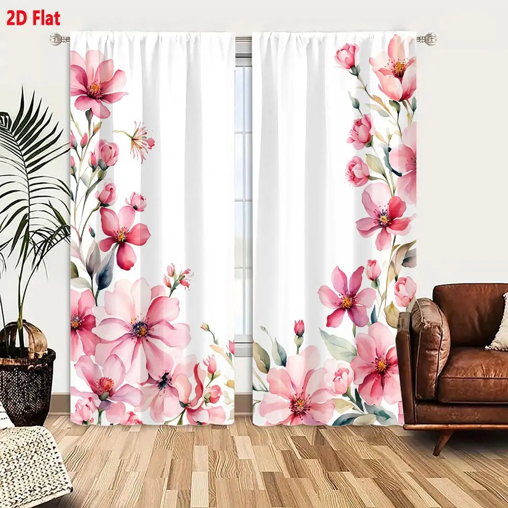2Pcs Curtains 2D Flat Watercolor Style Pink Flowers Corner Arrangement Decorative Floral Border With Varying Sizes Buds And Leav