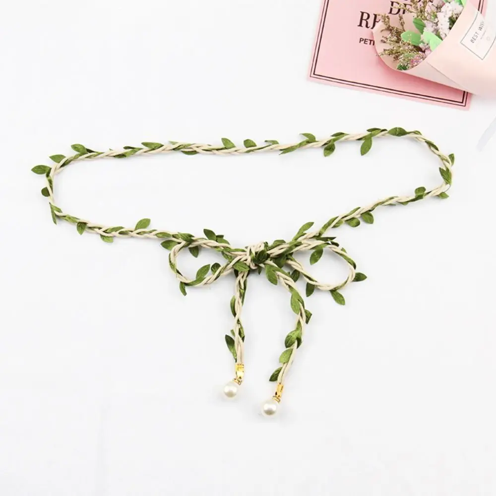 Fashion Leaf Ethnic Style Waist Belt Bohemian Pearl Beaded Leather Weave Waist Chain Thin Jeans Decor Dress Decoration Daily