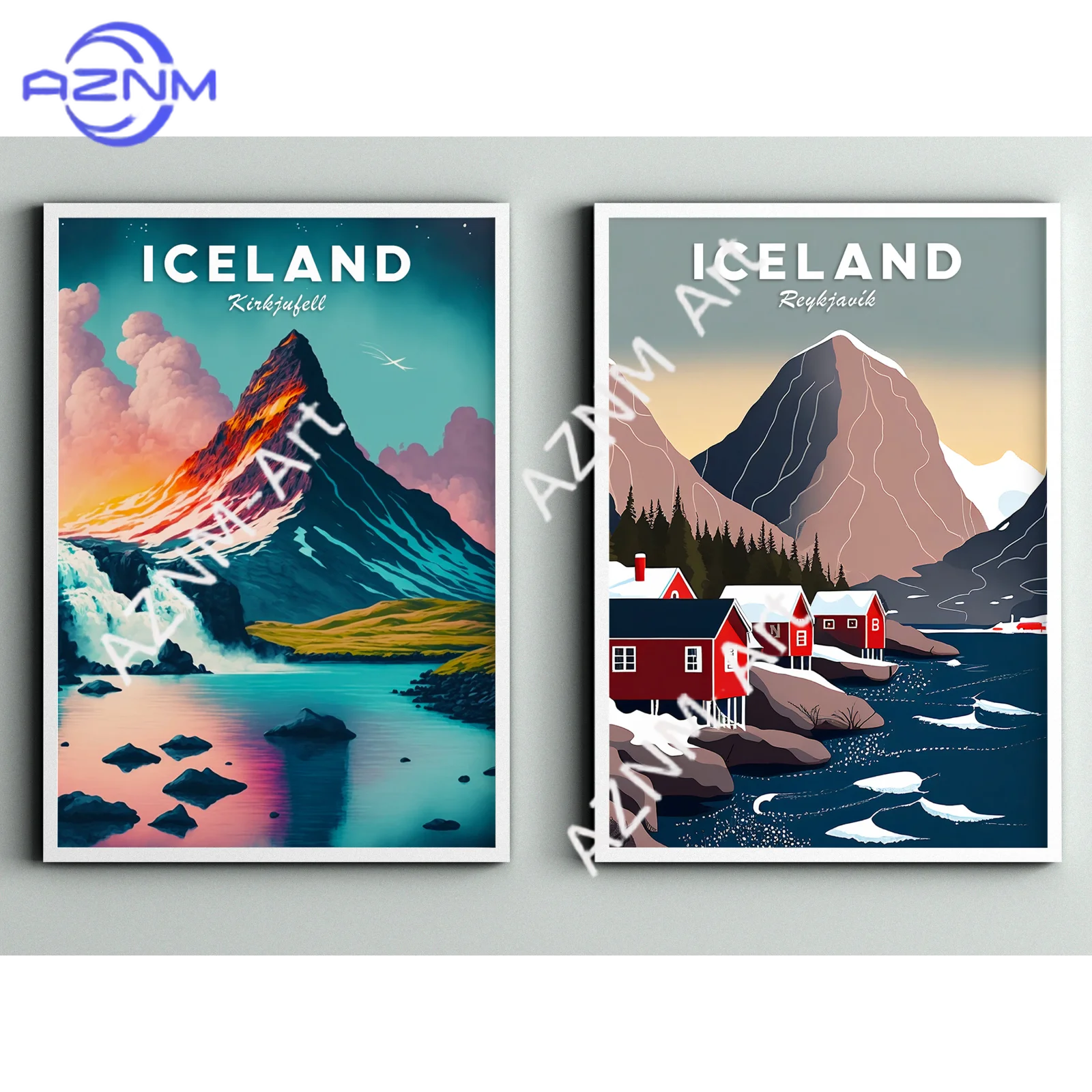 1/2Pcs Iceland Illustration Set of 2, Reykjavík print, Kirkjufell Mountain