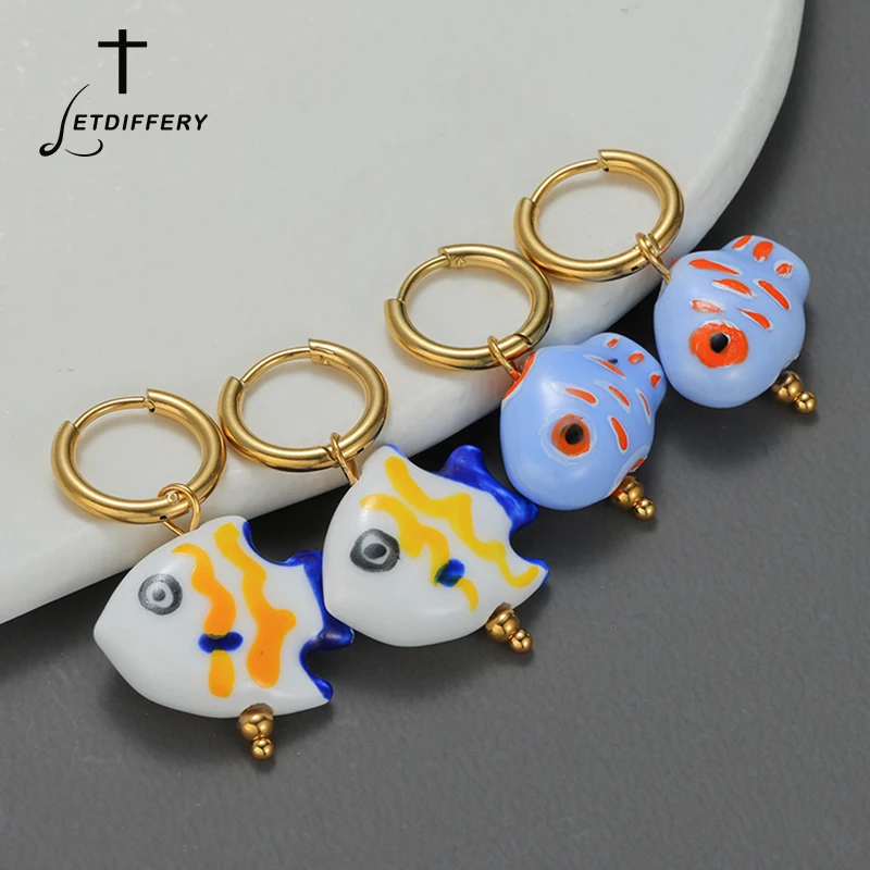 Letdiffery Cute Handmade Chic Fish Hoop Earrings for Women Girls Stainless Steel Sweet Romantic Ancessories Summer Beach Jewelry