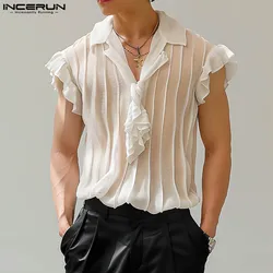 INCERUN Men Shirt Striped Solid Color Transparent Ruffle Lapel Sleeveless Tie Up Men Clothing 2024 Streetwear Fashion Camisas