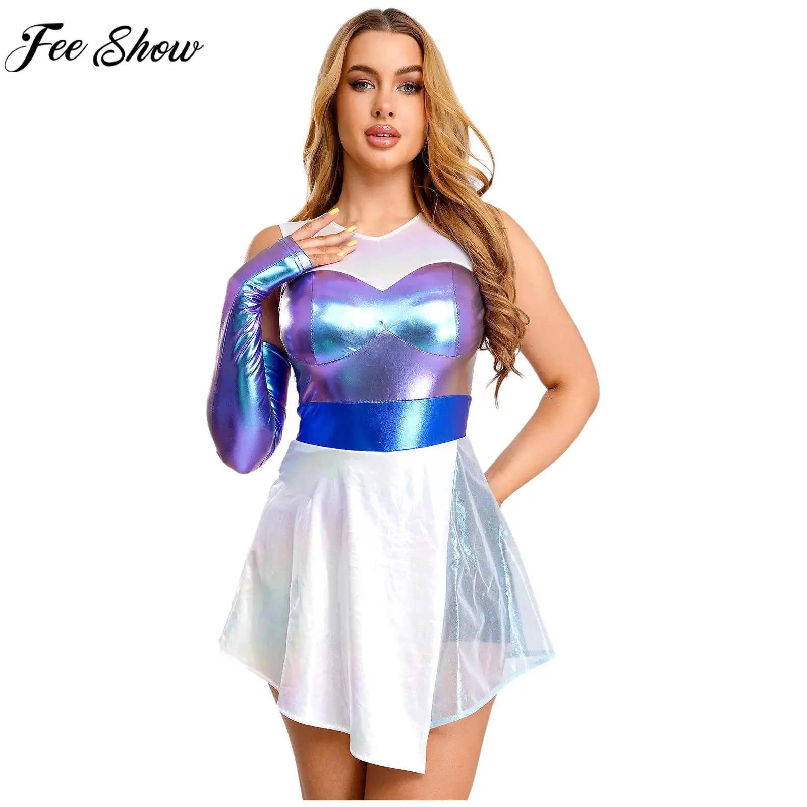 

Женский костюм для косплея игрового персонажа, блестящее металлическое платье, встроенные шорты с нарукавниками для Хэллоуина, карнавала, тематической вечеринки