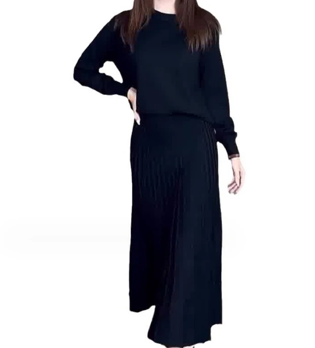 Two Piece Set for Women 2024 Retro Style Elegant Round Neck Long Sleeved Pullover Top and High Waisted Pleated Long Skirt Set