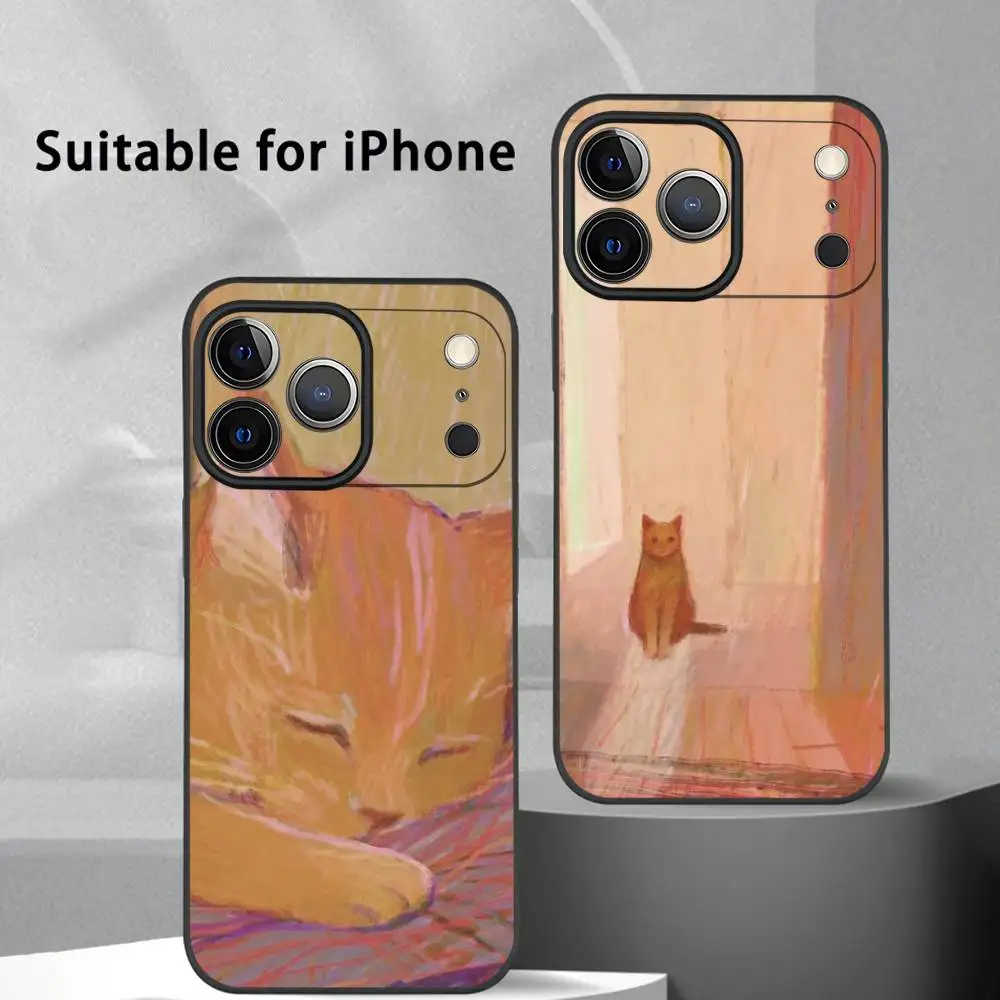 Koreanische INS Nette Orange Schlafende Katze Telefon Fall Für IPhone 17 16 15 14 13 12 11 Pro max Plus Mini Schwarz Matt Soft Shell Funda
