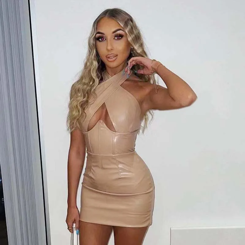 Sexy Off Shoulder Wrap Chest Hollow Out Imitation Leather Bodycon Dress Women Sleeveless Skinny Evening Dress Club Party - Image 6