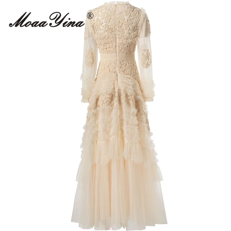 MoaaYina Summer High Quality New Arrivals Women Dress Vintage Solid Color Embroidery Net Yarn Cascading Ruffle Flutter Dresses