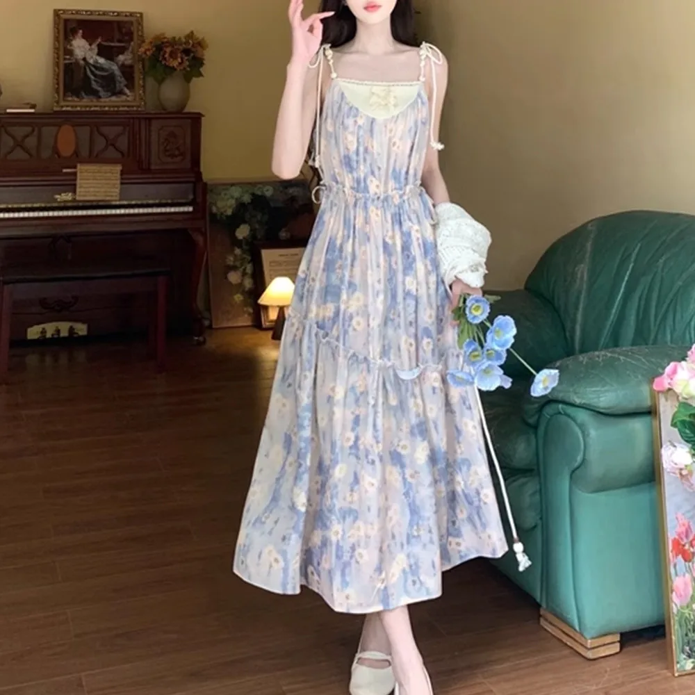 طقم كارديجان من قطعتين بطباعة زهور حلوة مع دانتيل، مقاس كبير للصيف، زي سفر ريفي أنيق باللون الأزرق بخصر مرتفع...