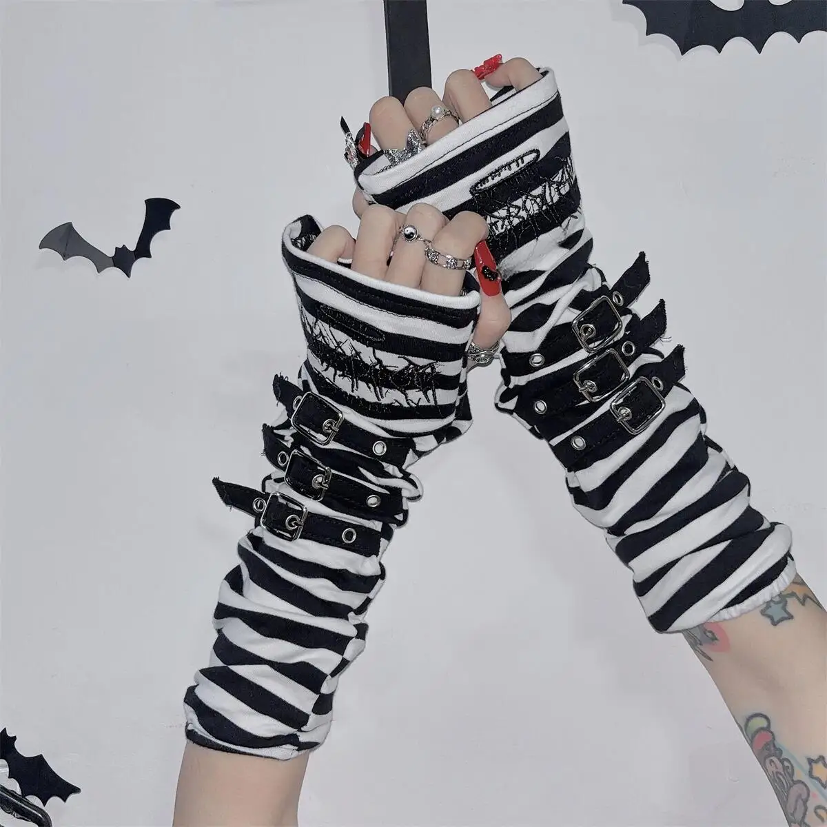 Ruibbit New Arrival Gothic Harajuku Punk Style Black Stripe Half Finger Long Glove Women Knit Length Sleeve Fingerless Gloves