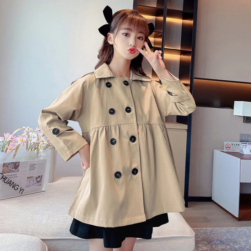 ملابس خارجية للفتيات للربيع والخريف النسخة الكورية سترة واقية كاكي مزدوجة الصدر مع مزاج عصري وأنيق #2