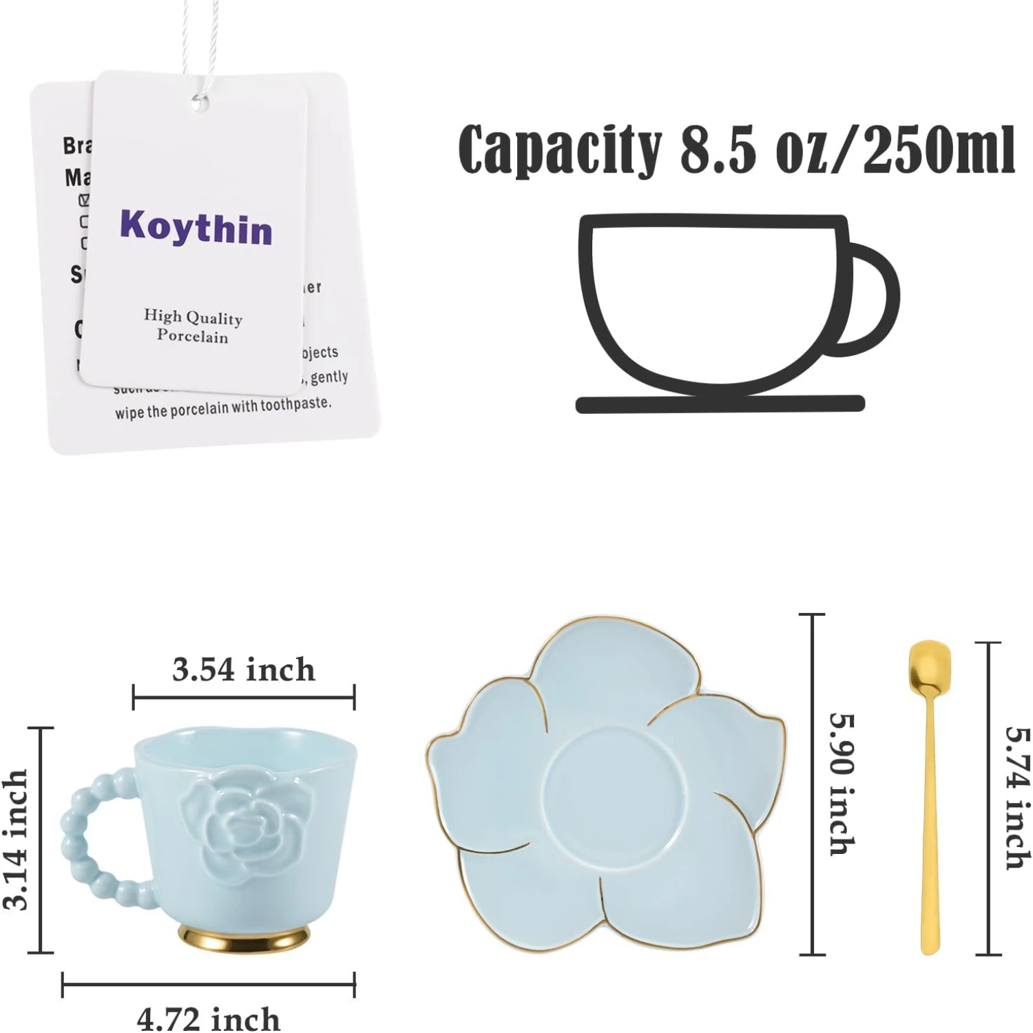 Blue Creative Cute Camellia Ceramic Coffee Mug with Coaster Set, 8.5 oz/250 ml for Tea Latte Milk, Ideal for Office and Home Use