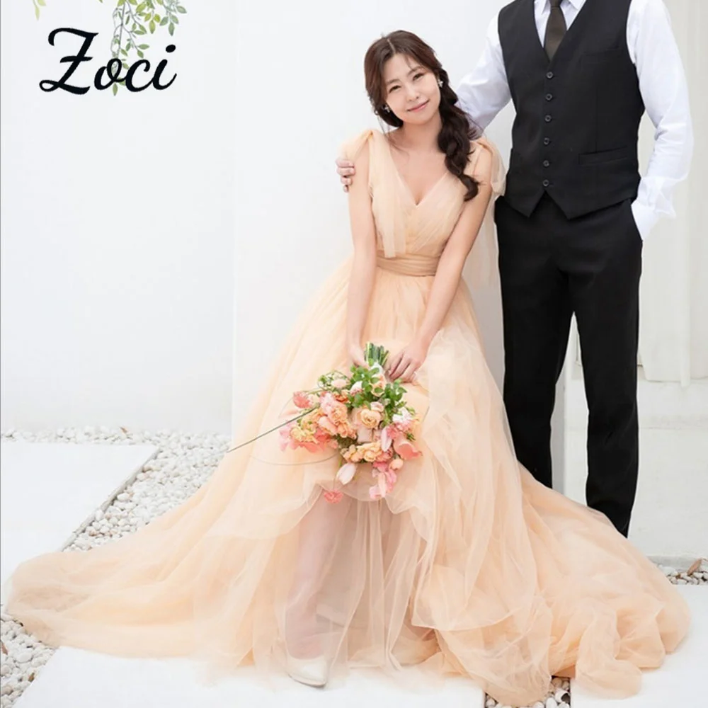 Zoci Elegant Light แชมเปญชุดแต่งงาน V คอ Soft Tulle ชุดเจ้าสาว A-Line Sweep Train เกาหลีชุดราตรี