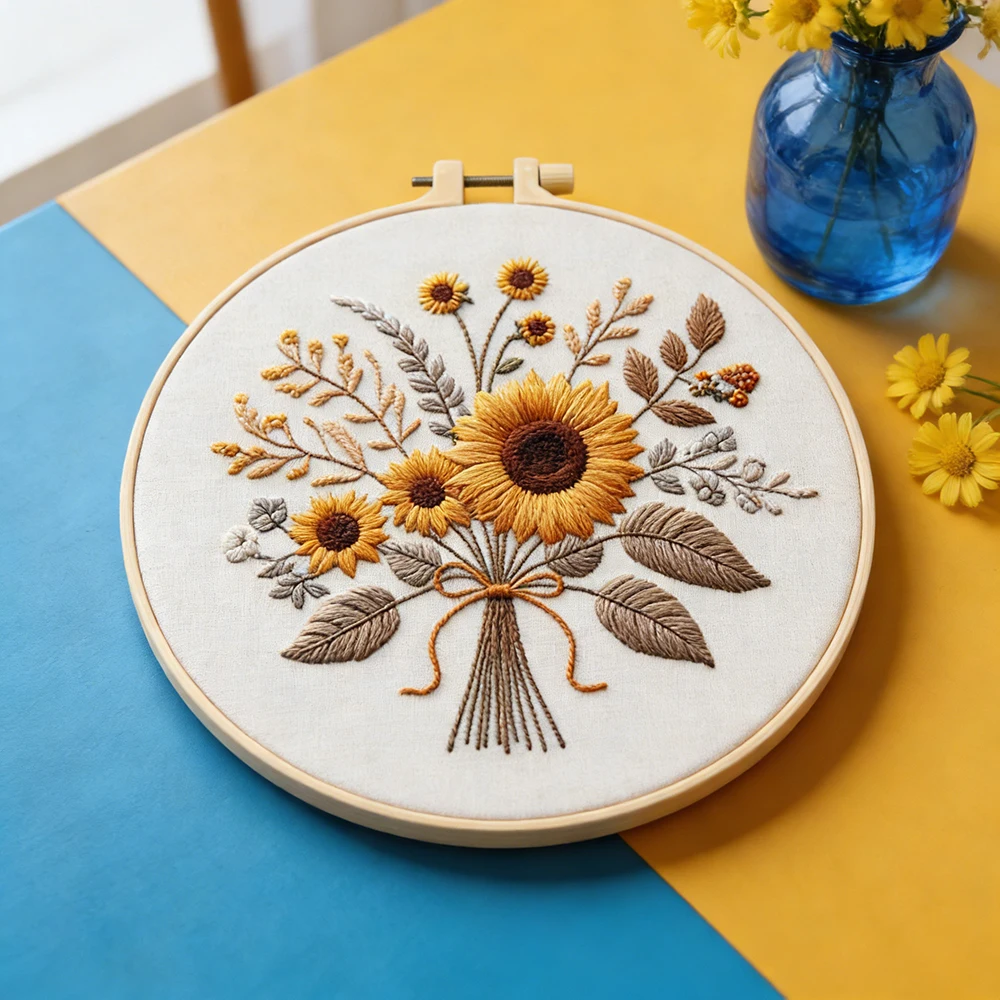 Stickerei-Sonnenblumen-Kreuzstich DIY Bastelmaterial-Set Blumen-Kunstwerk Nähzubehör-Kit für Anfänger Heimdekoration