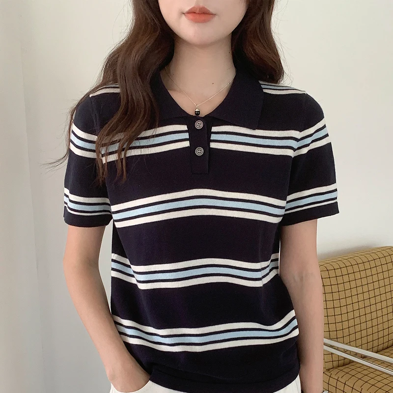 Polo collar knitted shirt short sleeved women's summer front shoulder loose slimming T-shirt Korean casual versatile top