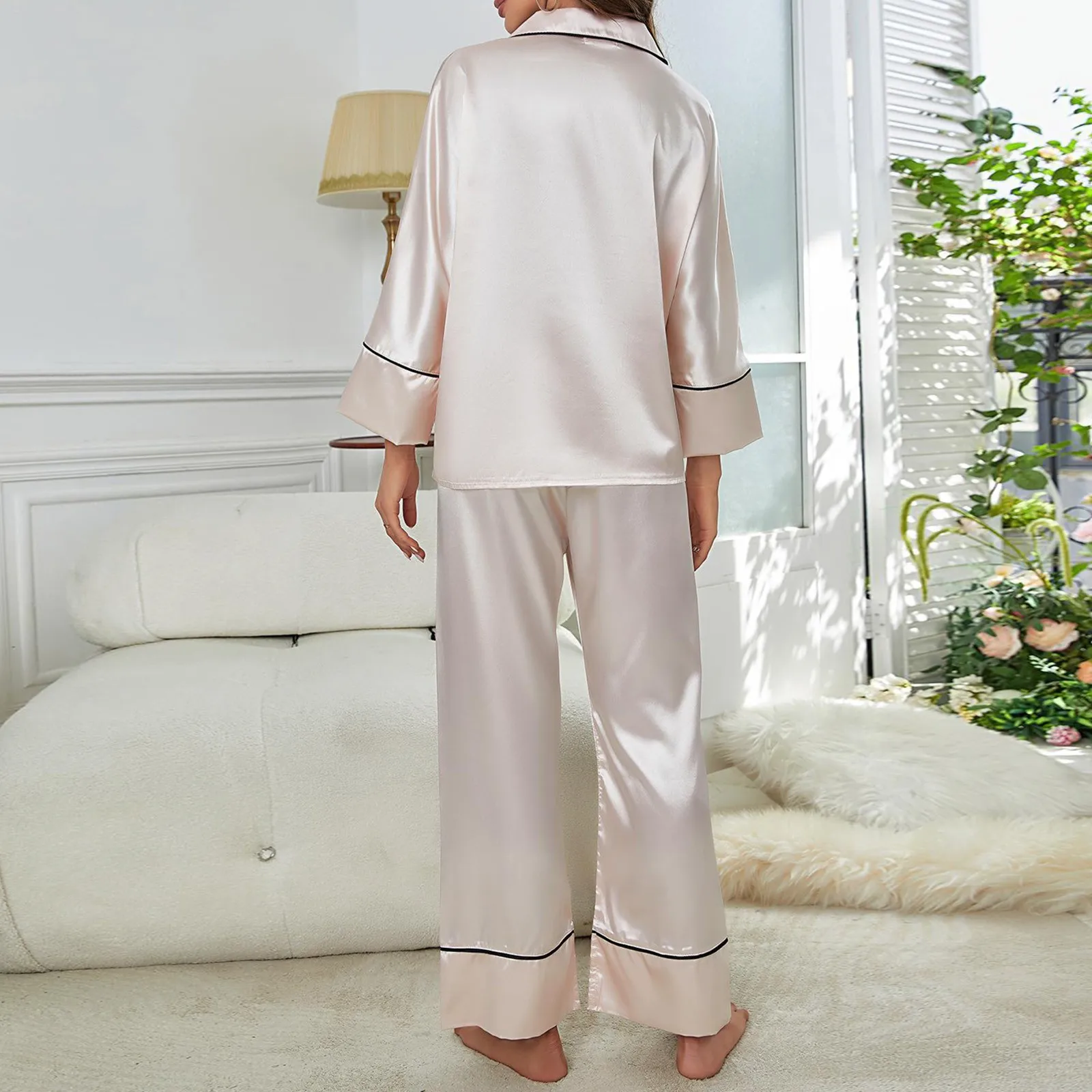 طقم بيجامات حرير مقلدة للنساء ، أكمام طويلة ، بلوزات بأزرار طية صدر ، بنطال فضفاض مستقيم ، ملابس منزلية يومية ، الربيع والخريف