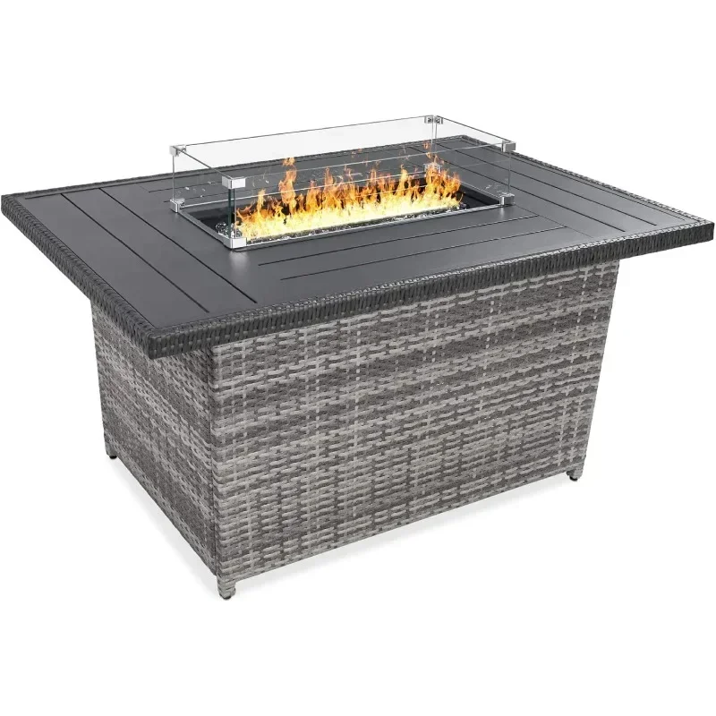 52in 50,000 BTU Outdoor Wicker Patio Propane Gas Fire Pit Table w/Aluminum Tabletop, Glass Wind Guard