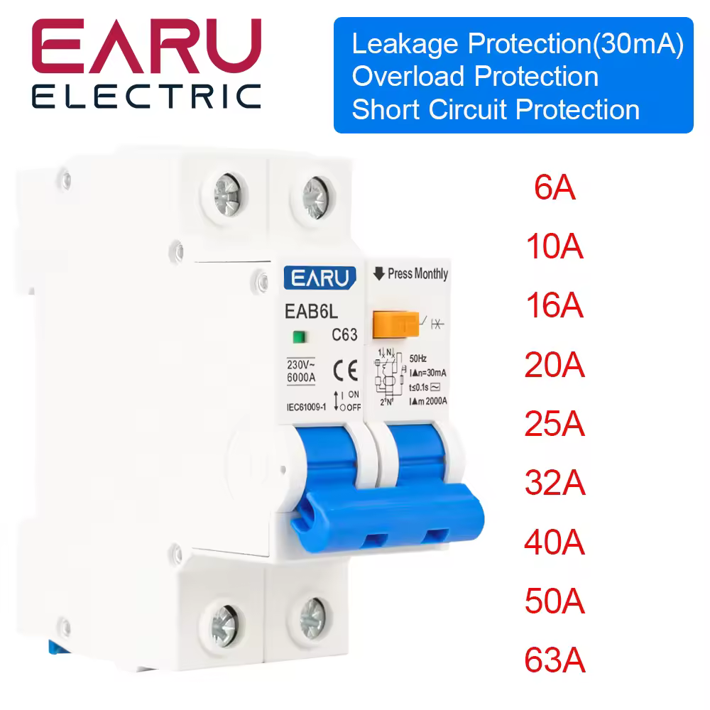 Protecteur de fuite MCB, protection contre les surcharges et les courts-circuits, interrupteur de disjoncteur à courant résiduel, RCCB, RCD, 2P, AC 230V, 30mA, RCBO