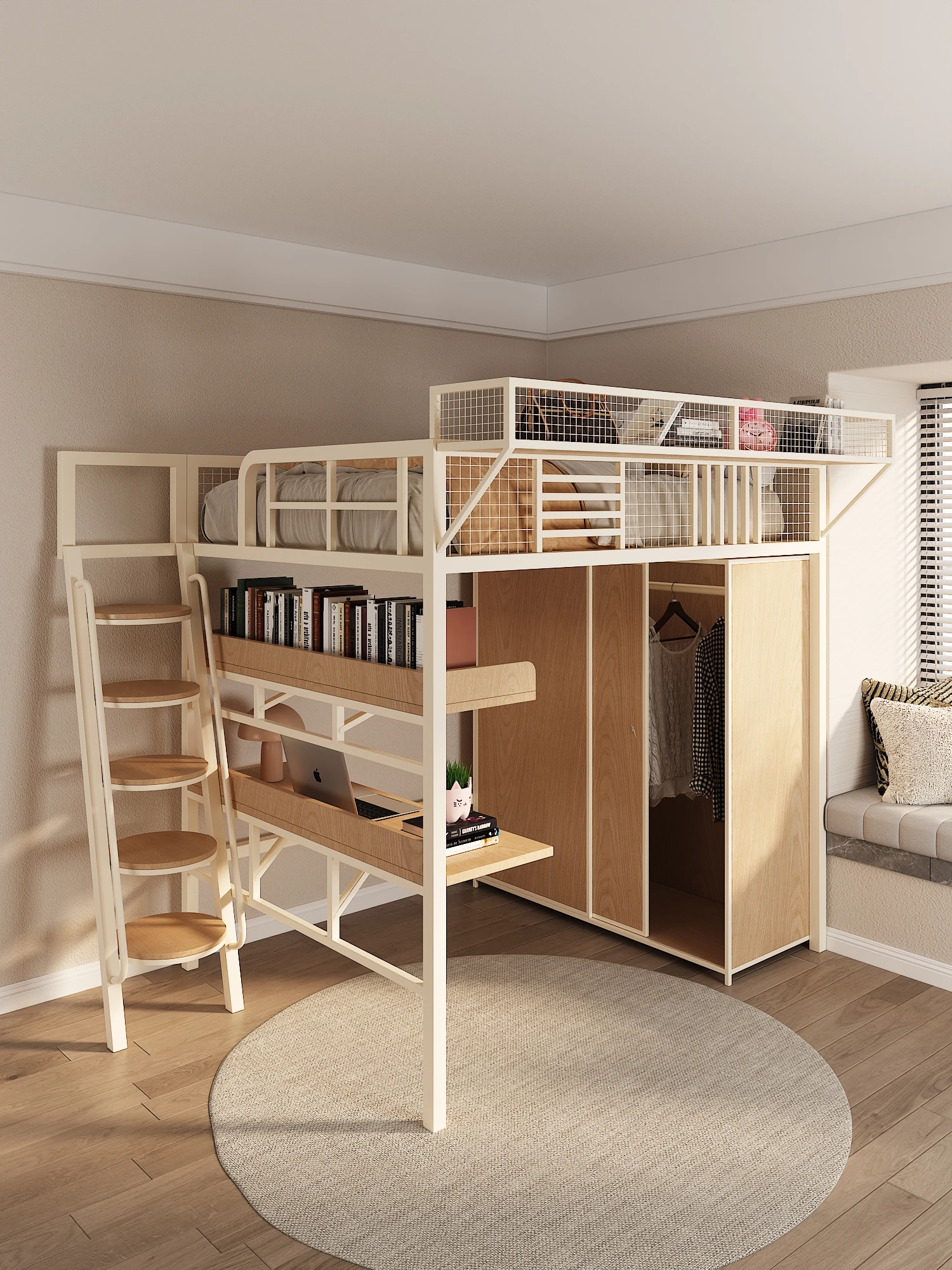 ！@Modern Two-Story Hanging Duplex Loft Bed Single Upper Bed with Empty Lower Bed Cabinet Iron Metal Frame for Small Apartments