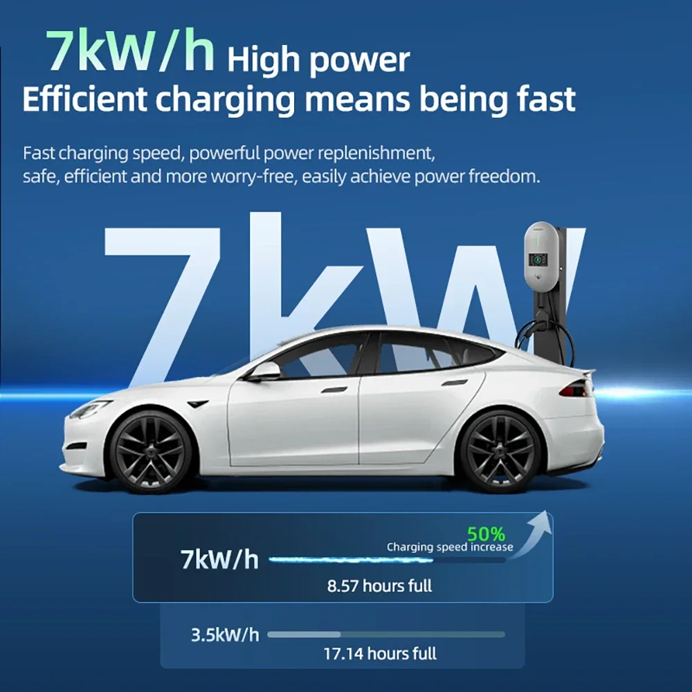 สถานีชาร์จรถยนต์ไฟฟ้า ROMADA 32A เครื่องชาร์จรถยนต์ไฟฟ้า EVSE แบบติดผนัง 7KW สาย Type2 IEC62196 ควบคุมผ่านแอป Bluetooth ﻿