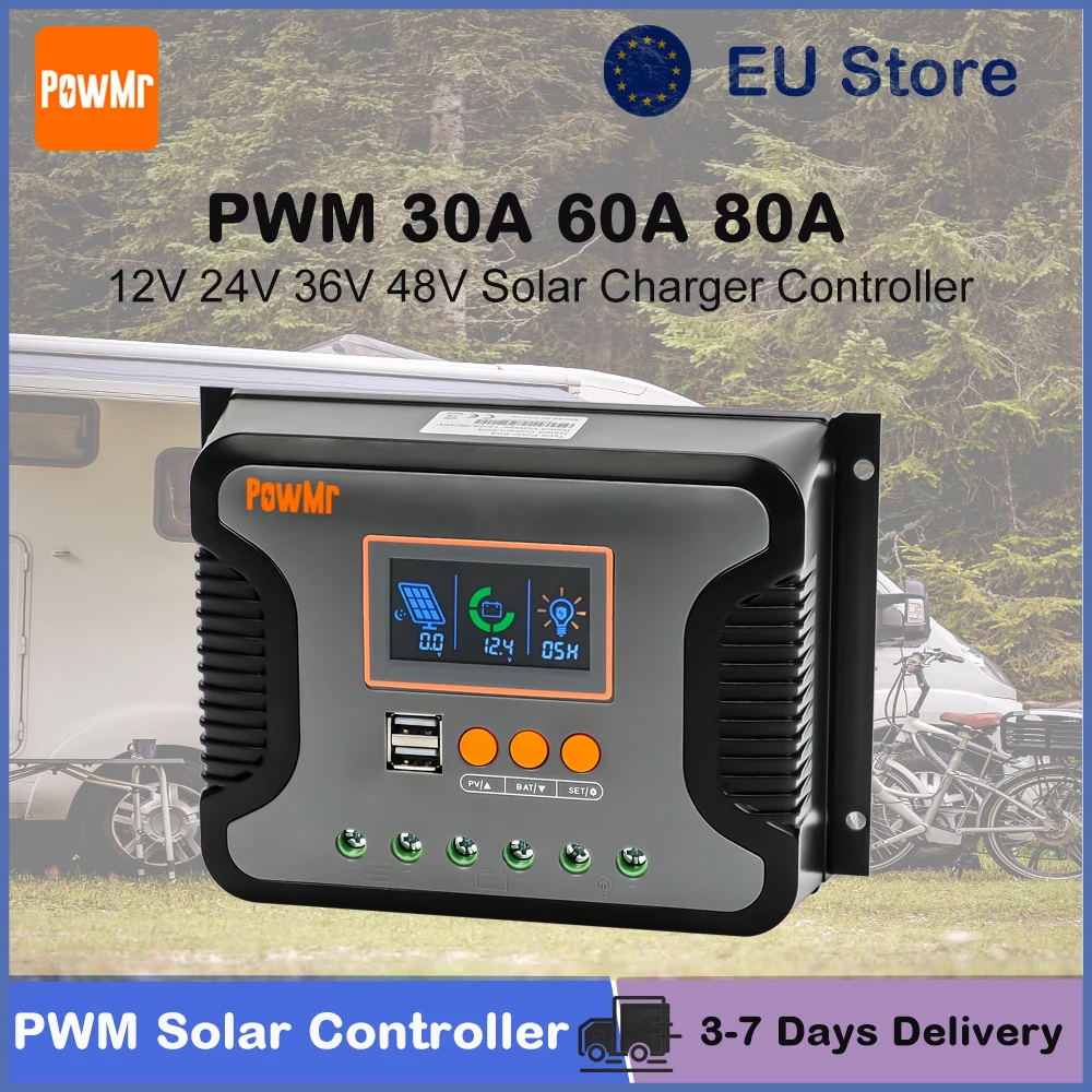 Contrôleur de charge solaire PWM PowMr 30A 60A 80A 12V 24V 36V 48V, régulateur solaire automatique avec écran LCD et double USB, compatible avec les batteries LifePO4 pour la maison, le camping-car, le camping, le bateau
