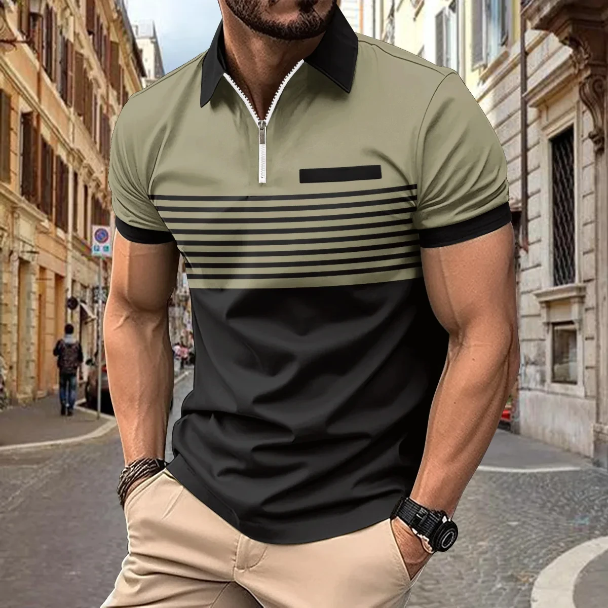 

Simple Men's Zip Polo Shirt 3d Striped Print Golf Short Sleeve T-Shirt Summer Casual Man Clothes Oversized Polo T-Shirt For Men