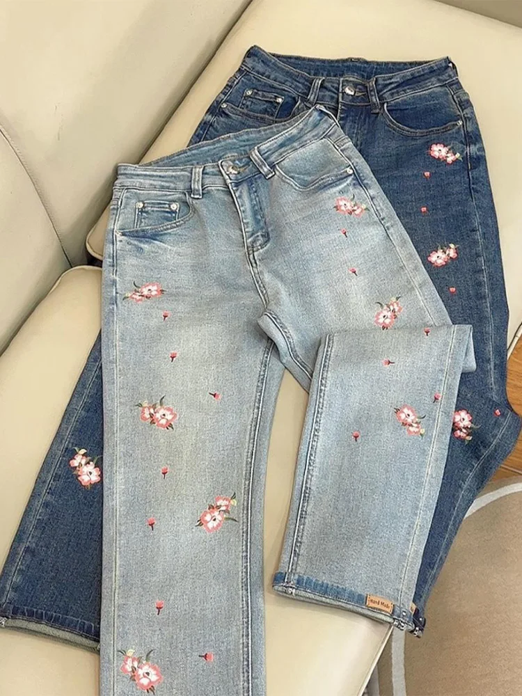 High Waist High Elasticity Floral Print Slim Straight Leg Jeans Versatile Nine Point Smoke Tube Pants Spring Summer New Arrival