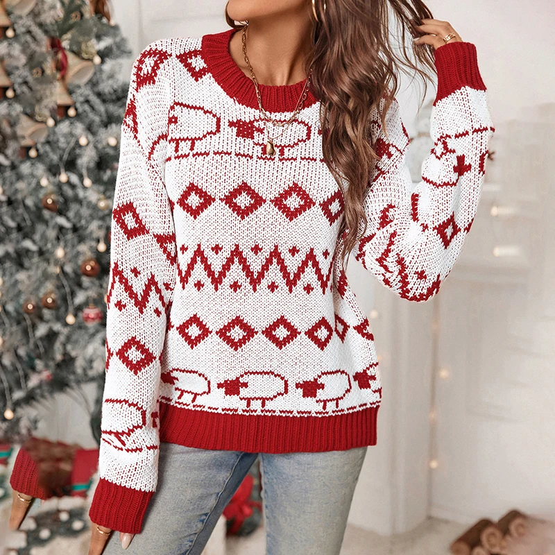 

Women's Red White Sheep Pattern Crew Neck Knitted Sweater Christmas Casual Loose Fit Pullover