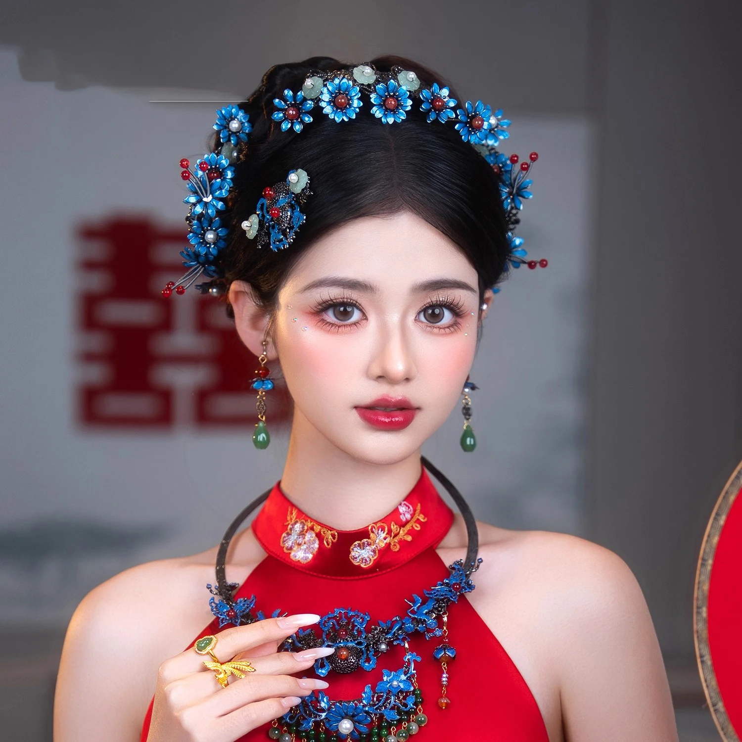 

Ancient Style Hanfu Bead Hairpins Red & Blue Imitation Cloisonné Flower Phoenix Design Traditional Chinese Fashion Accessories