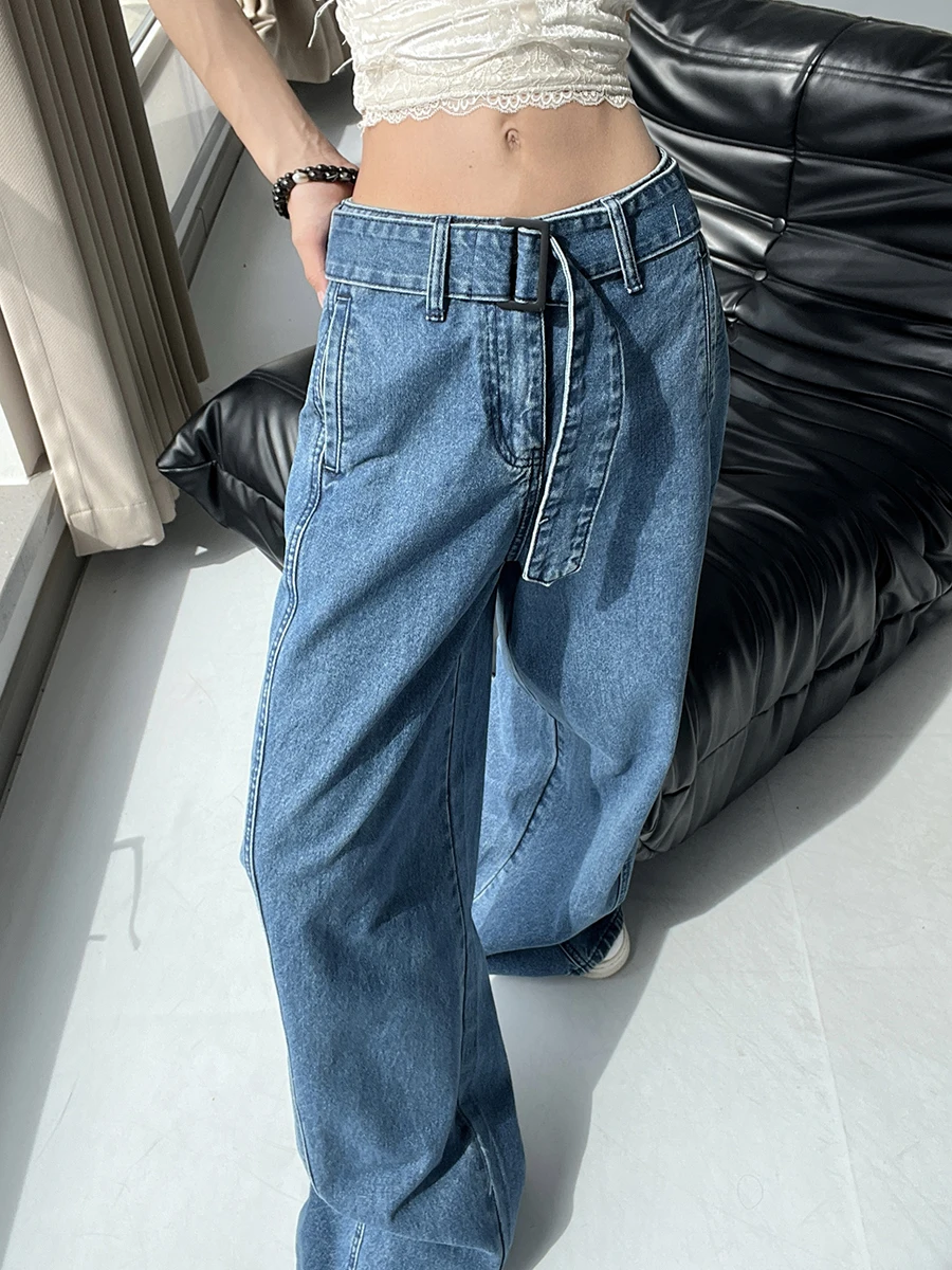 

Loose Wide Leg Jeans High Waist Belted Casual Loose Fit Trousers Long Pants Korean Style Lazy Fashion Women's Denim