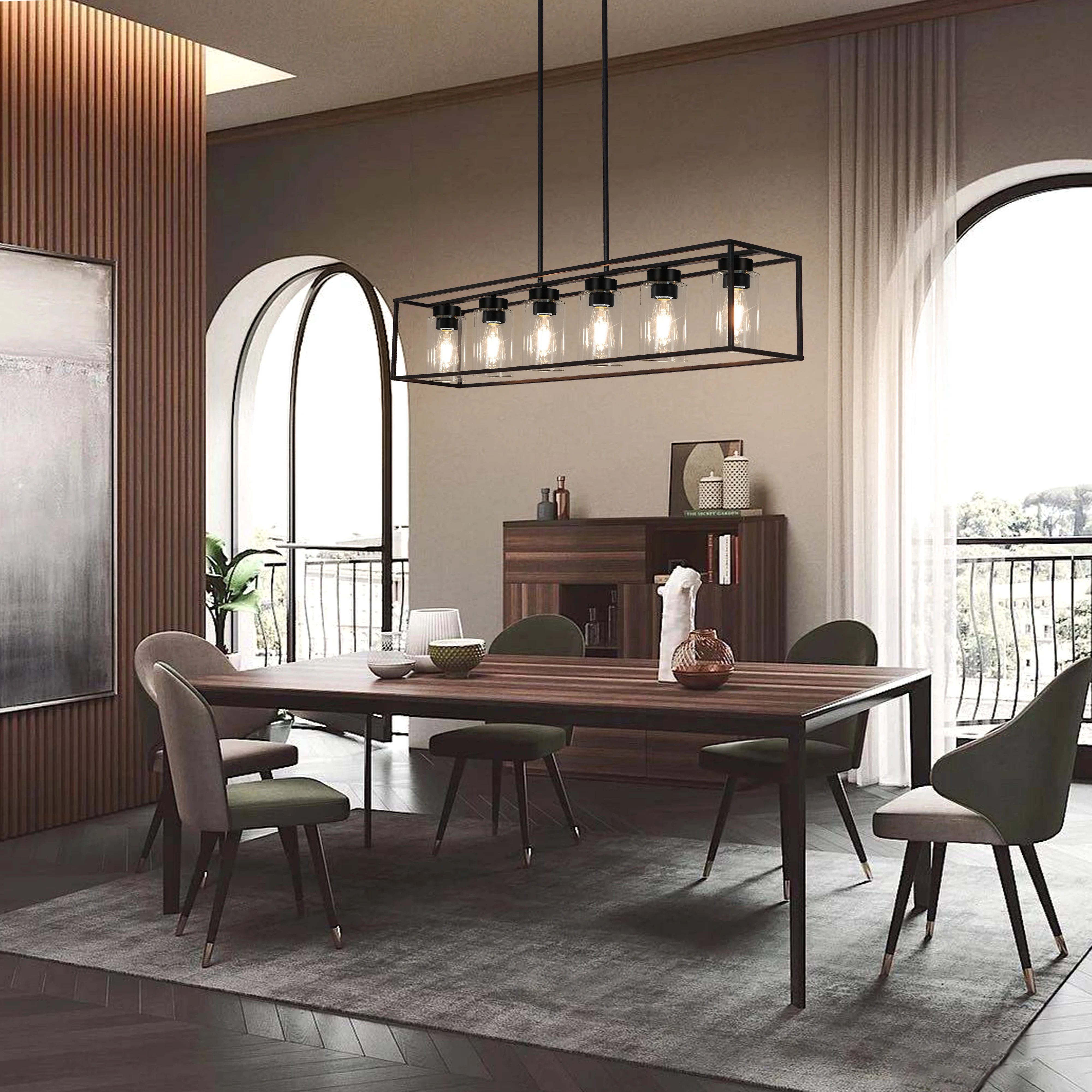 6-Lights Dining Room Lighting Fixtures Hanging, Kitchen Island Pendant Lights Contemporary Modern Ceiling Light with Glass Shade