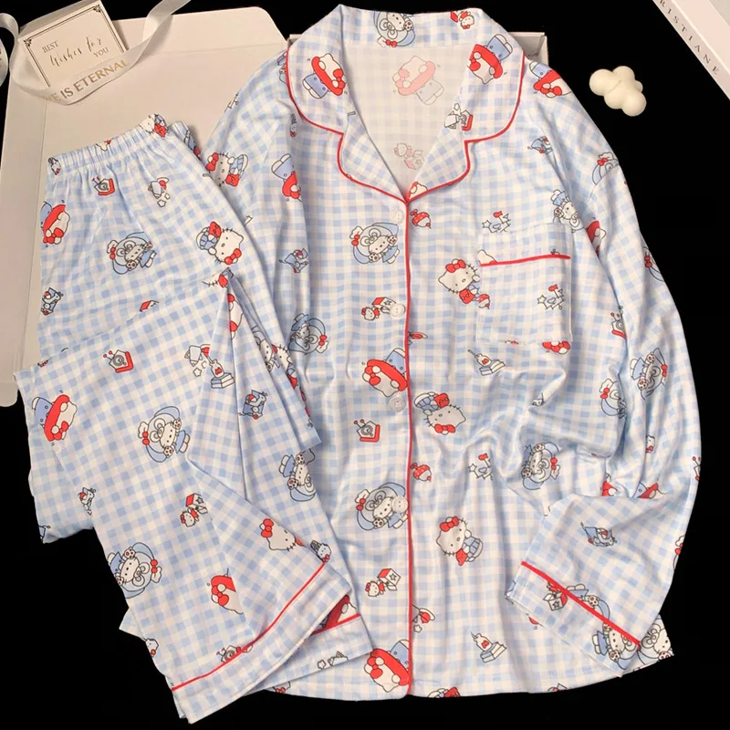 Sanrio HelloKitty Blue Plaid Cartoon Pajamas Women's Spring and Autumn New Sweet Long Sleeve Cardigan Cute Casual Loungewear Set