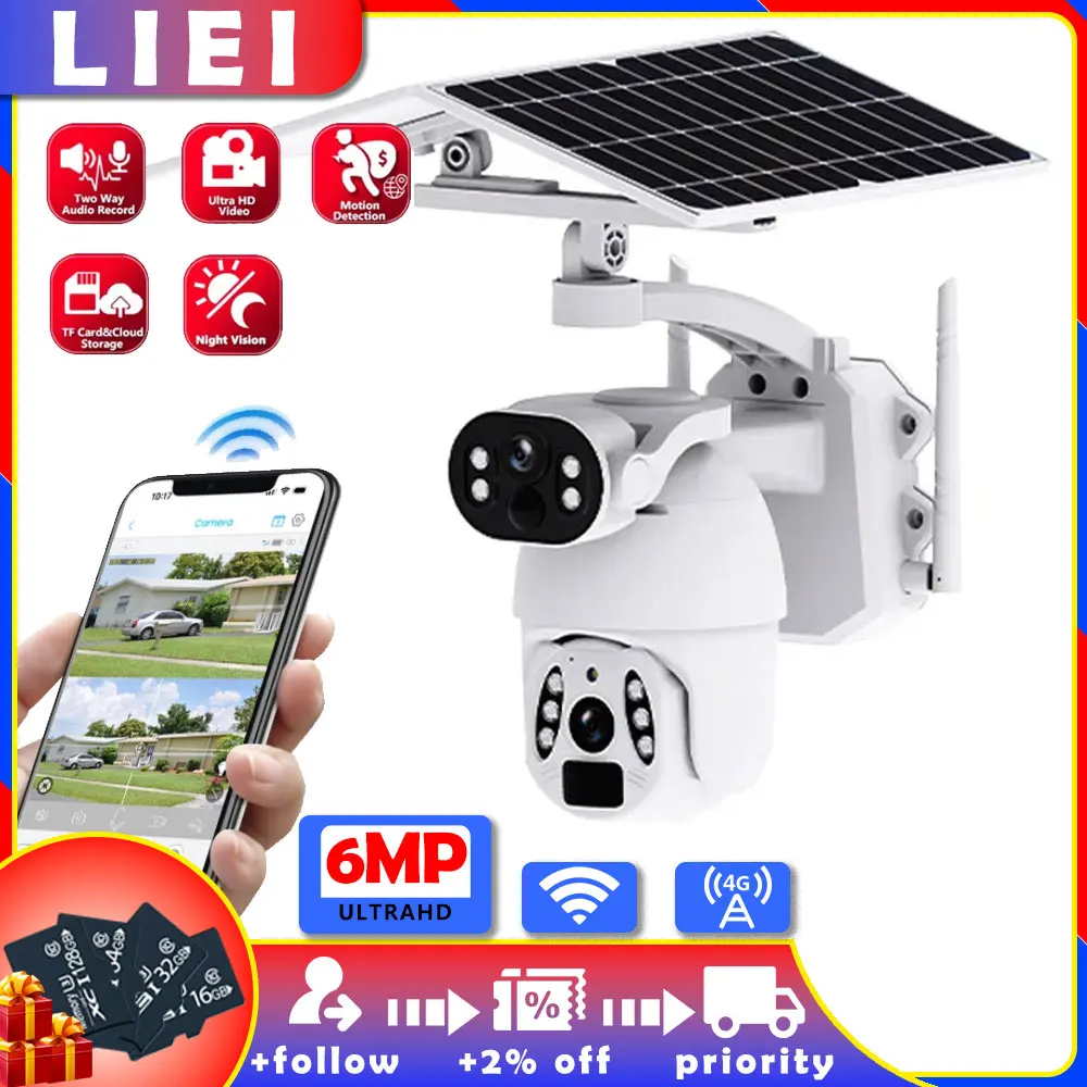 

LIEI 4K Solar Camera 4G Card HD Lens Video Security Protection Smart Home Outdoor CCTV 6MP Surveillance AI Auto Tracking Camera