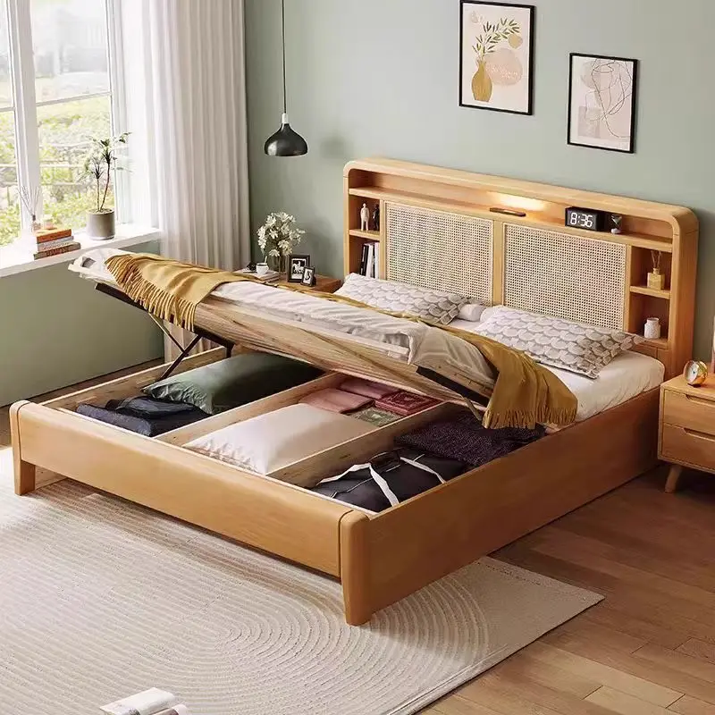

%&Natural Bedroom Rattan Wooden Bed Living Room Furniture Wooden Bed High Quality Minimalist Wooden Bed With Rattan Frame