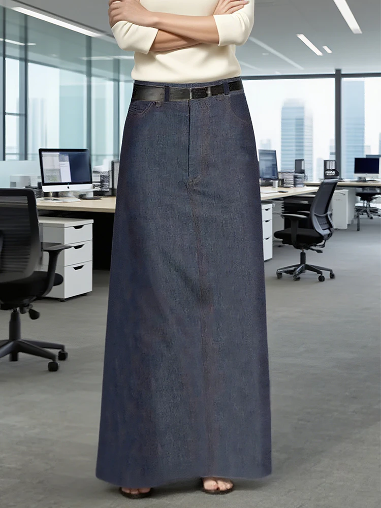 Gymystars Women's Denim A-Line Skirts High Waist Long Skirt Elegant Loose Pockets No Belt Blue Formal Office Clothes Female