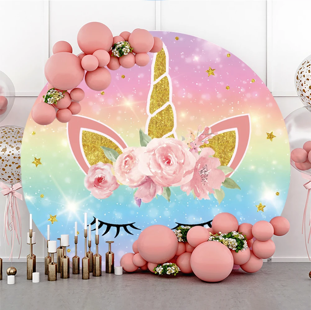 유니콘 생일 원형 라운드 배경, 사진용 무지개 반짝이 스타 골드 파티 꽃 테마 장식 포스터 사진 배경