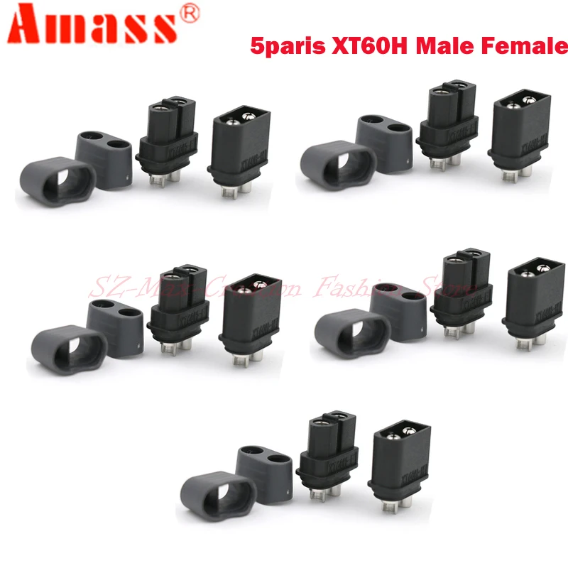 5/10pairs Genuine AMASS XT60H & XT60 Upgrade Black Male Female Bullet Nickel-plated Connectors Power Plugs with Sheath