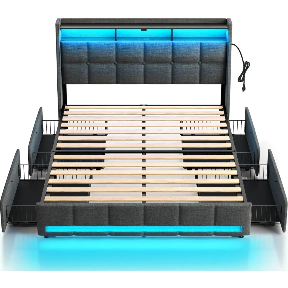 

Full Size Bed Frame with LED Lights and Charging Station, Upholstered Bed Storage Headboard & Drawers, Heavy Duty Wood