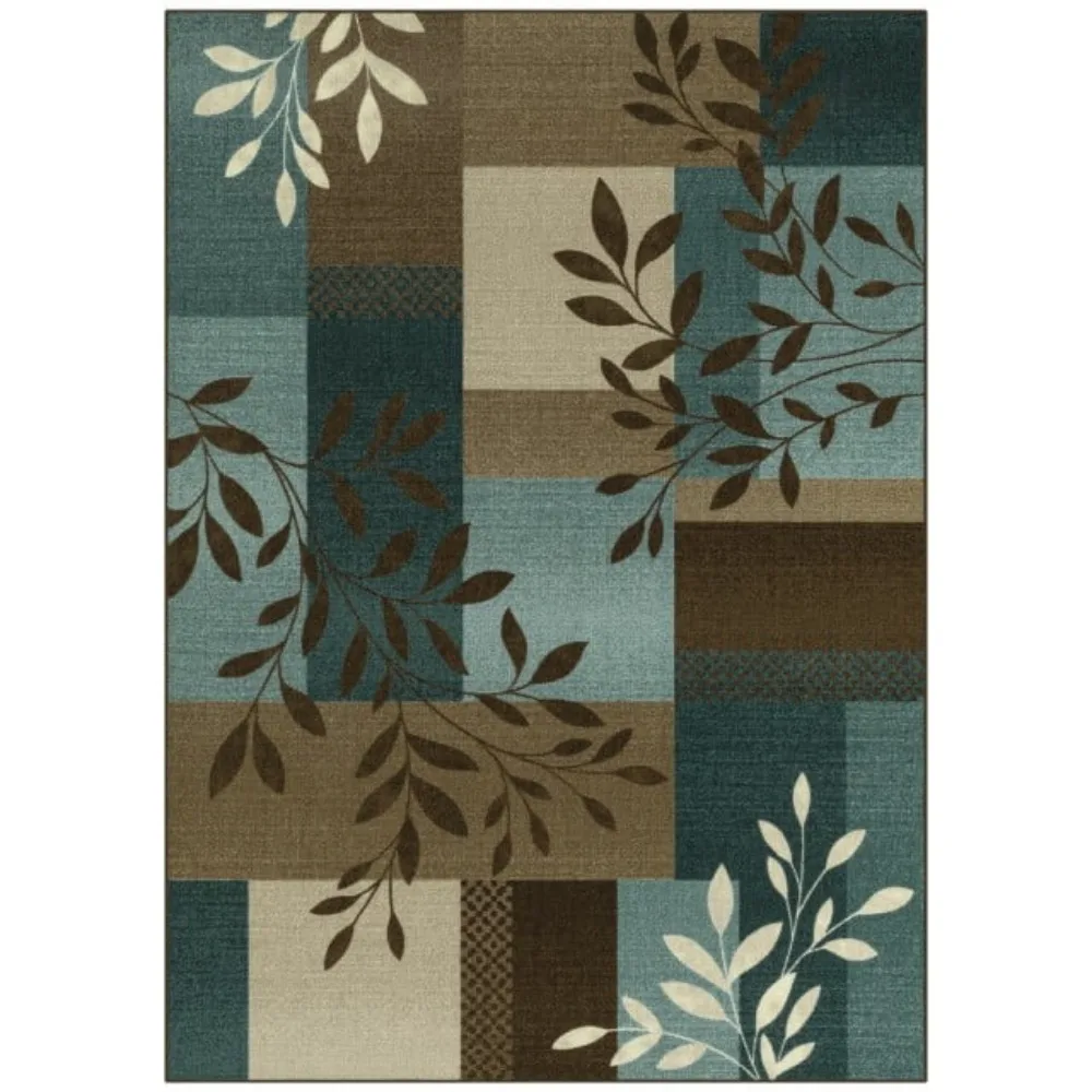 

Traditional Leaf Block Blue Brown Print Indoor Area Rug, 5' x 7'