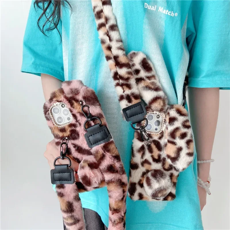 Fur 3D Rabbit Crossbody Lanyard Phone Cases For Samsung S26 Ultra S25 FE A07 A17 A37 A57 M17E M16 M36 M56 Warm Hairy Soft Cover