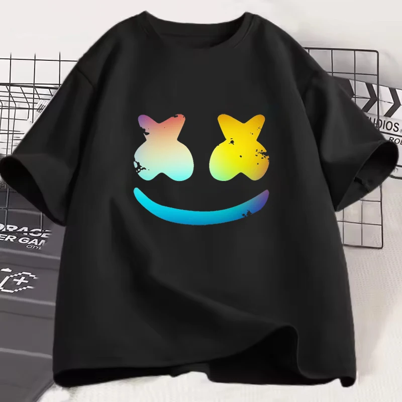 

Funny Colorful Gradient Smile Print Unisex T-shirt Casual Loose Breathable Men Women Tee Summer Street Fashion Creative Y2K Tops