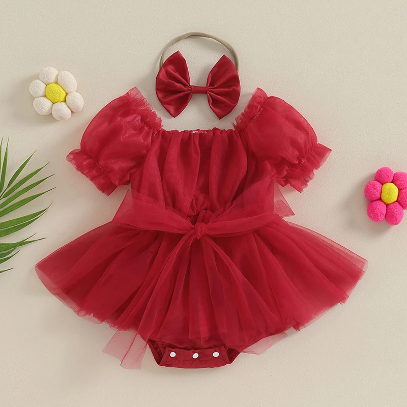 Toddler Infant Baby Girls Christmas Romper Dress Summer Casual Short Puff Sleeve Bow Tulle Bodysuit with Headband Set 0-24Months