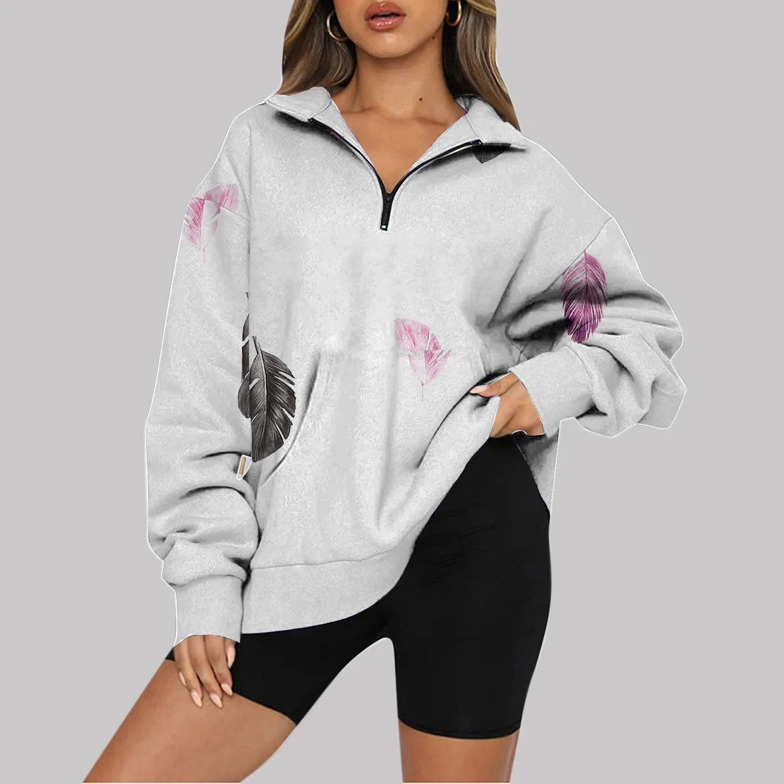 Women's Printed Fashion Casual Pocket Long Sleeved Zippered Collar Sweater